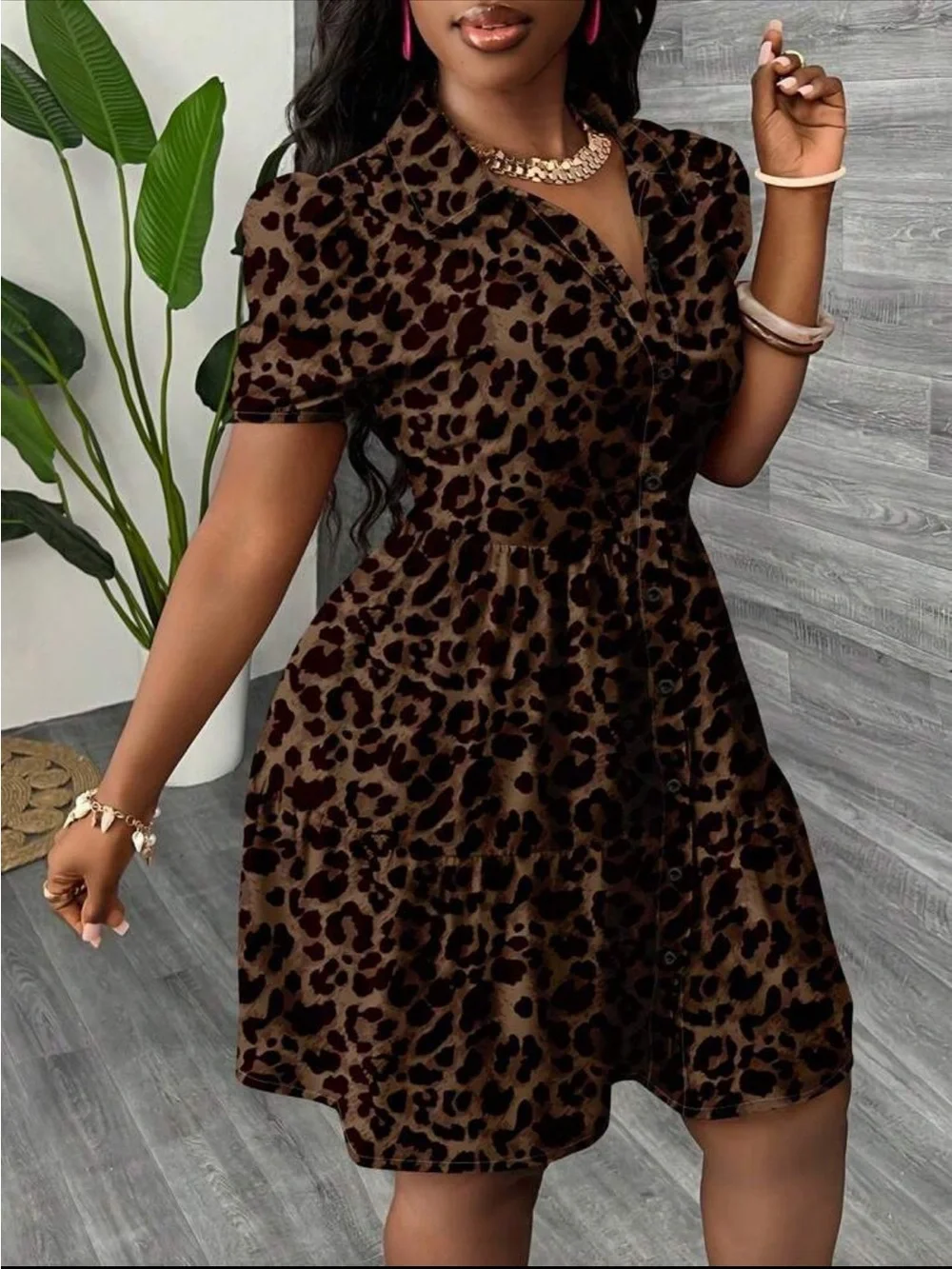 Leopard Print Brown Mini Dress with Button Front